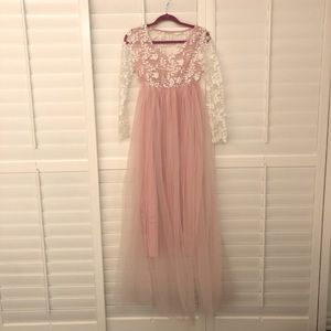 New Pink Tulle Lace Maternity Dress with Lace Sleeves